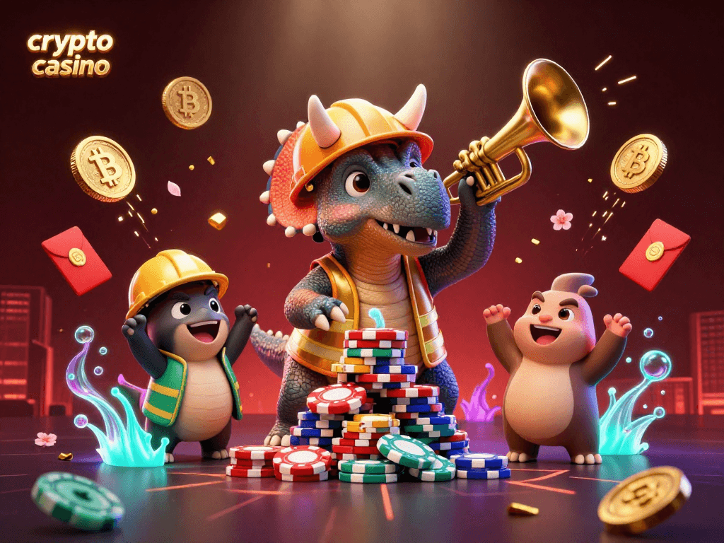 Celebrate wins at the crypto casino with a vibrant, dynamic 3D scene of gambling excitement.