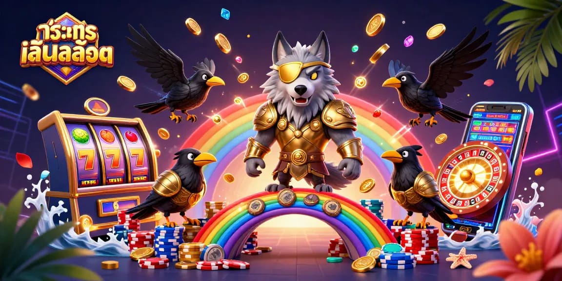 Engage with ทดลองเล่นสล็อต gamers in a vibrant casino scene featuring Odin and his ravens amidst thrilling gaming elements.