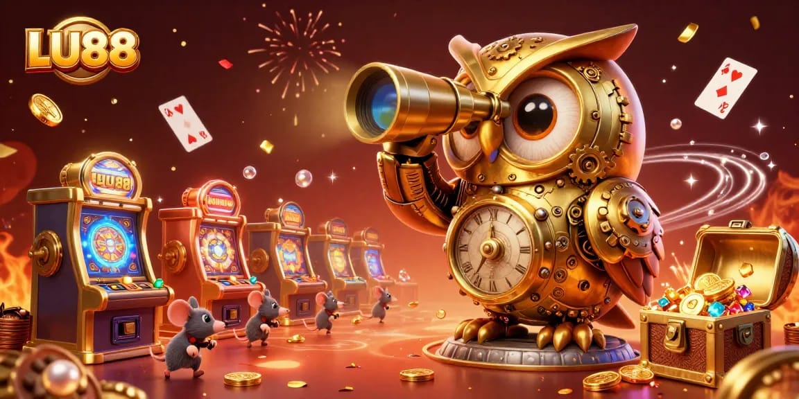 Experience thrilling gameplay with LU88's 3D casino scene featuring vibrant slot machines and animated characters.
