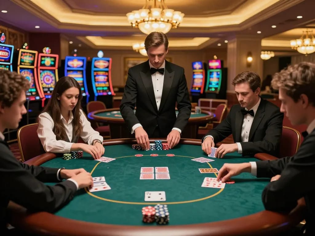 UU88 poker game in action highlighting players, chips, and elegant casino decor.