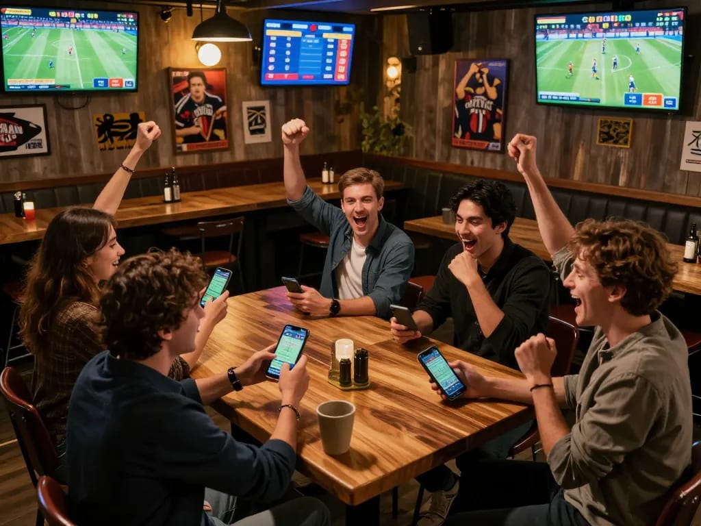 Friends thrilled by winning sports bets on their smartphones at a vibrant bar, embodying the excitement of af88 win.