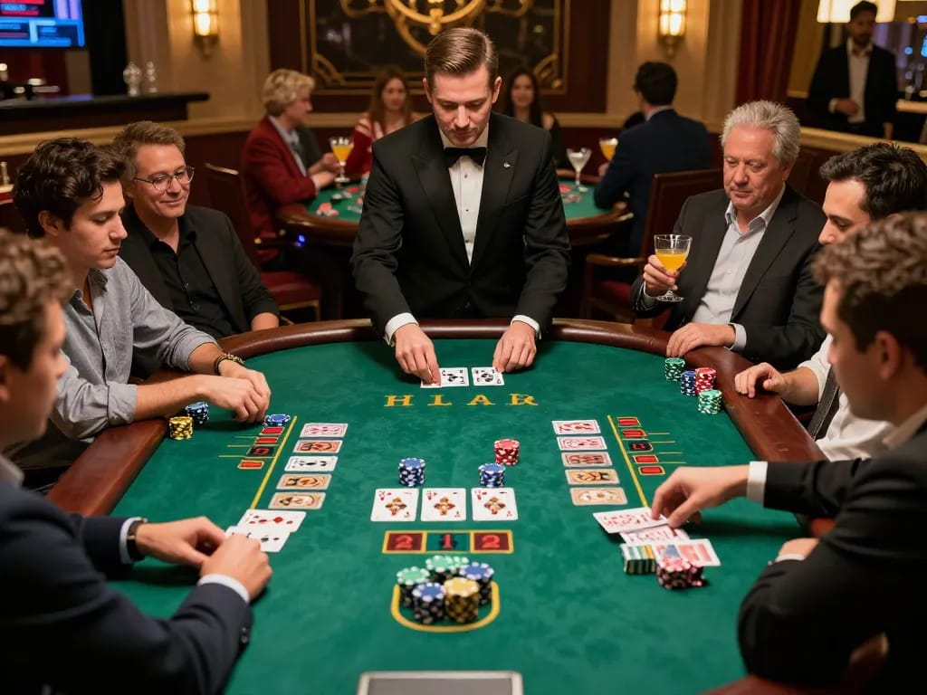 Players strategizing and placing bets at a blackjack table, showcasing 388bet casino action scenes.