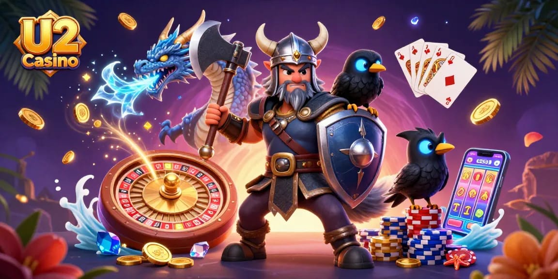 Experience the exciting U2 Casino with vibrant slot games, live action, and colorful elements.
