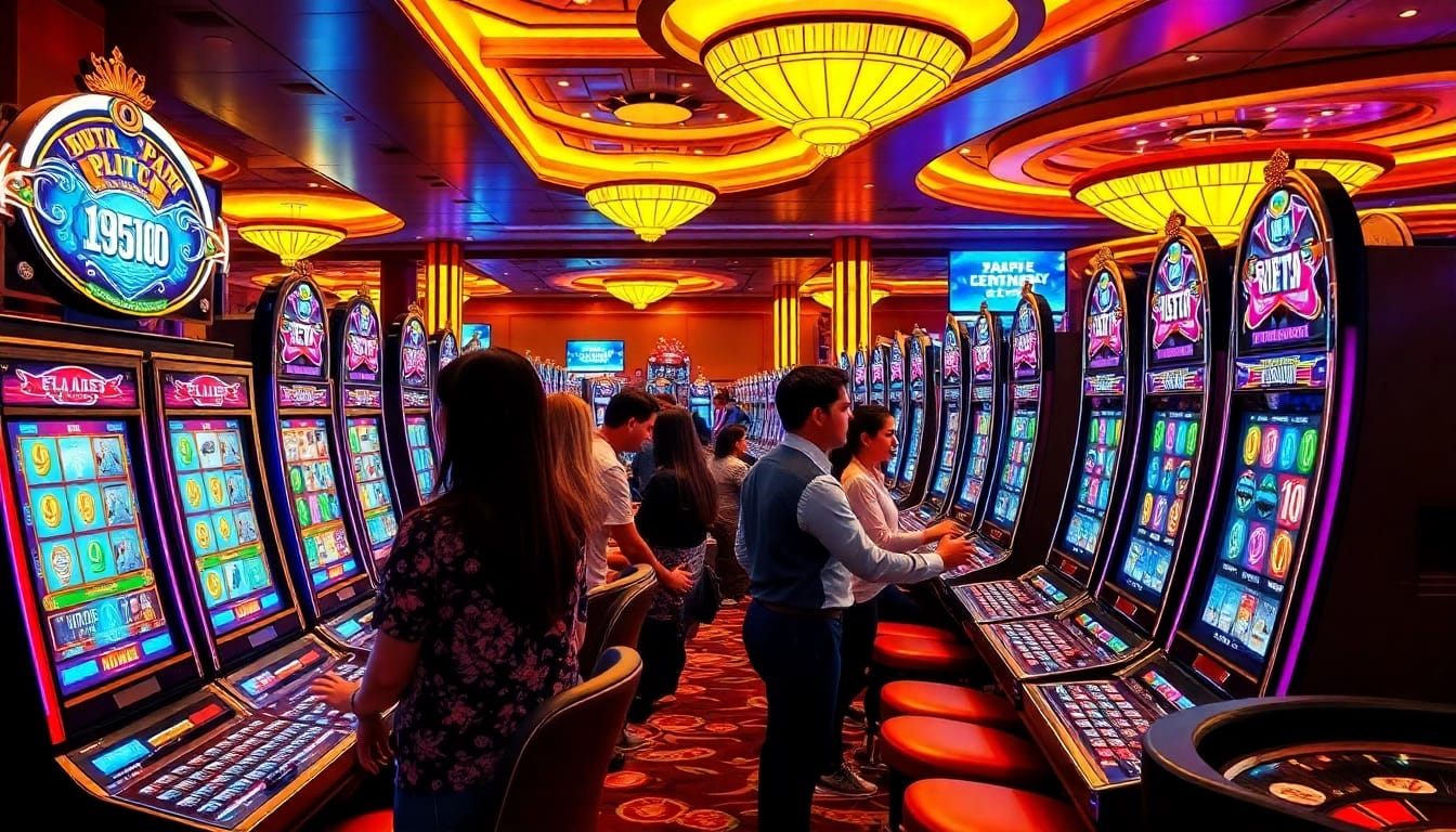 Players enjoying thrilling games at KtP Jitu slot machines with vibrant neon lights.
