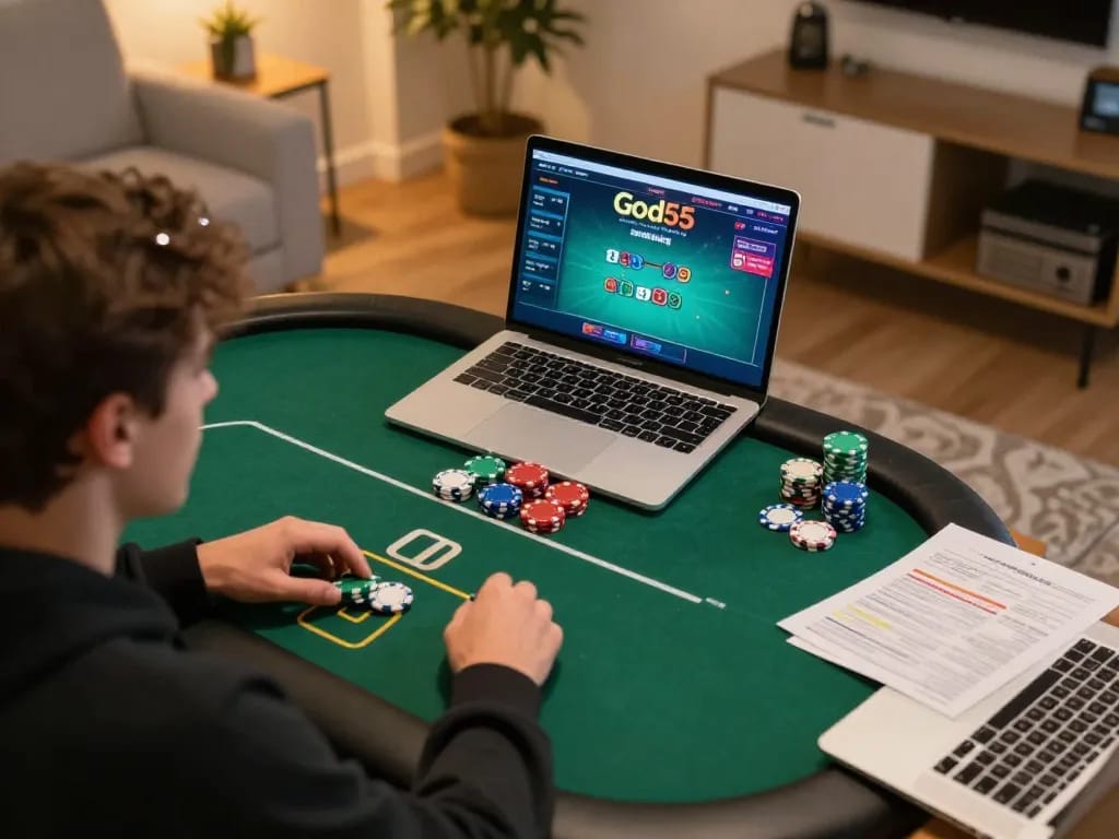 god55 online casino gaming setup with engaged player strategizing during poker match