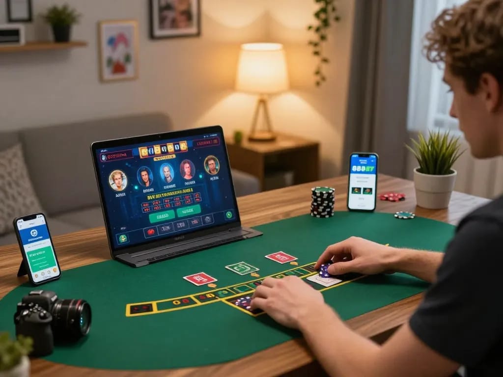 Play blackjack at 88BET online with a stylish home office setup, capturing a dynamic gaming moment.