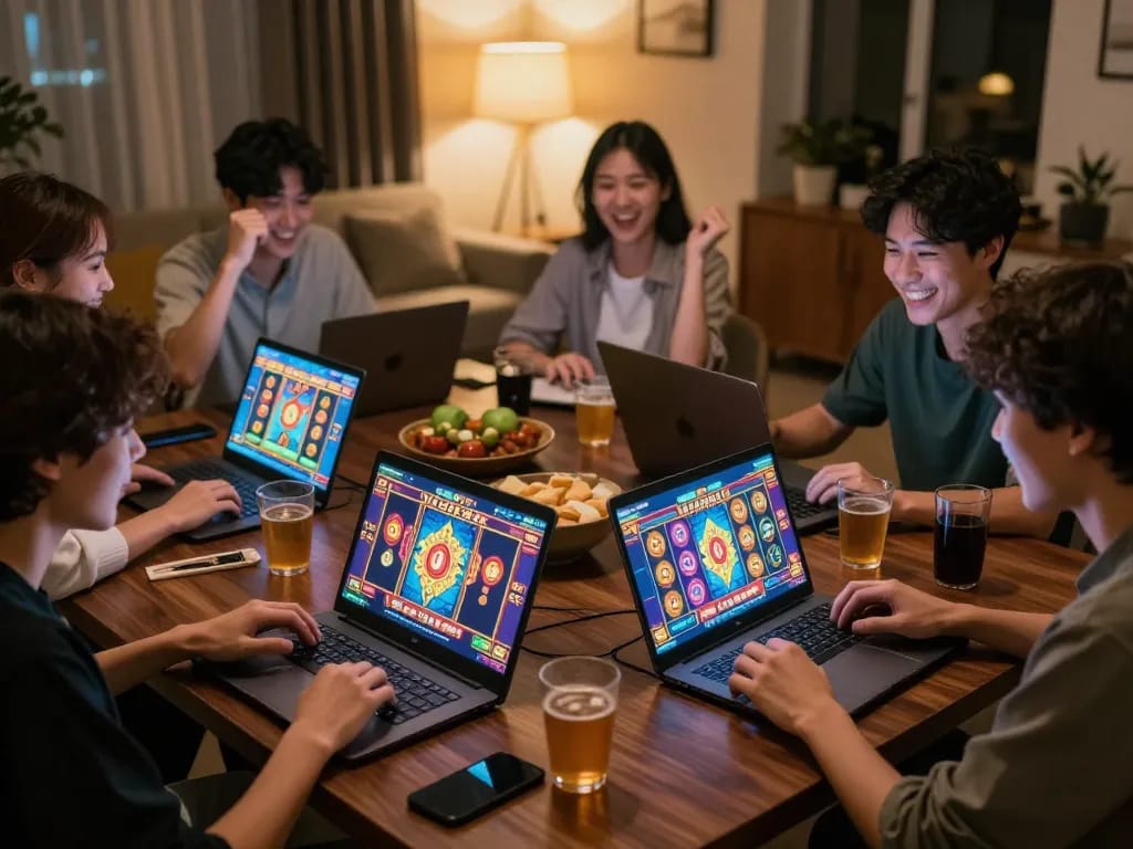 Nổ hũ gameplay excitingly displayed on laptops and tablets in a cozy gaming environment.