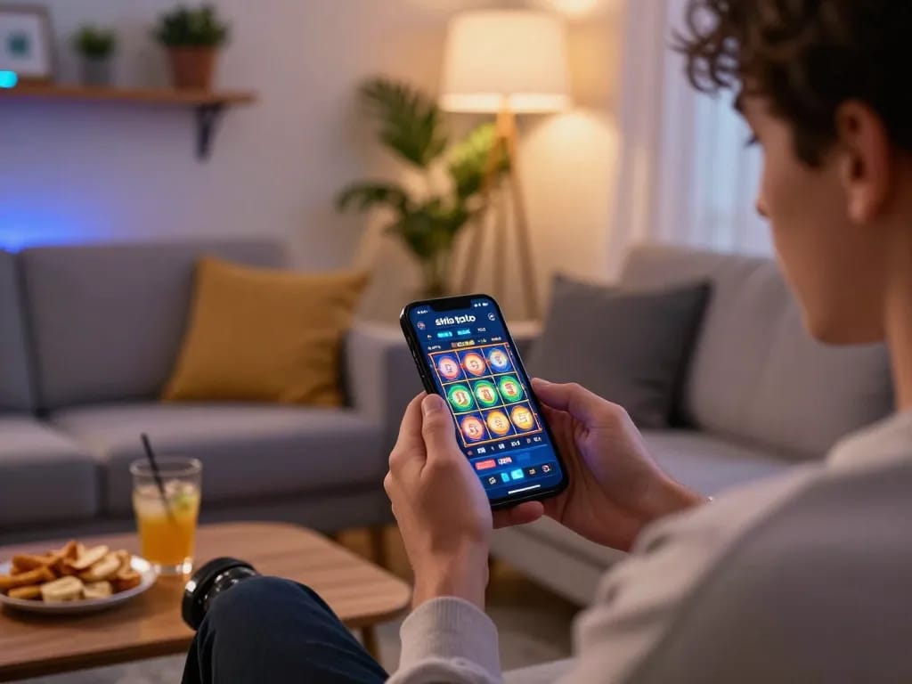 Terlibat dalam permainan slot situs toto di smartphone dalam pengaturan rumah yang stylish.