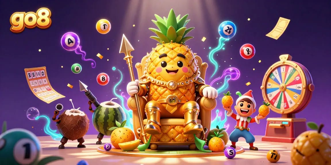 Win big with go8's vibrant casino fun featuring a golden pineapple king and dynamic game elements.
