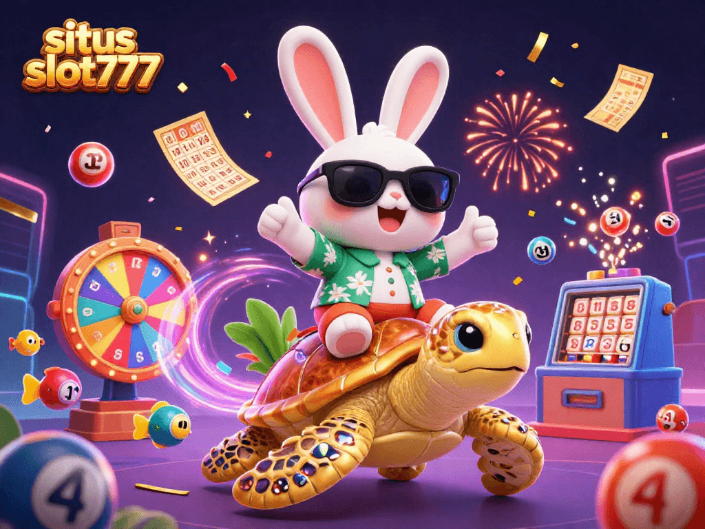 Situs slot777 features a lucky rabbit and golden sea turtle in a lively casino scene with vibrant gaming elements.