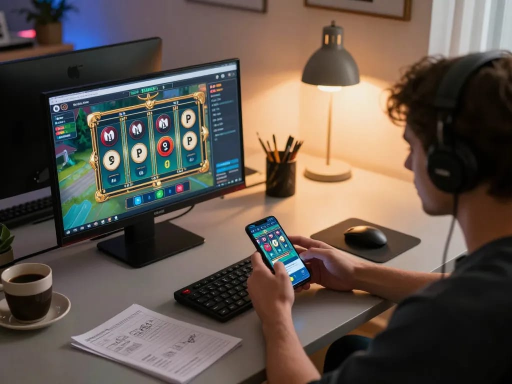 Player engaging with 8KBET online casino app, focused on gaming strategy and comfortable home vibe.