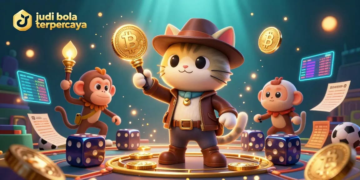Engage with judi bola terpercaya while watching a cartoon explorer cat uncover a golden artifact surrounded by betting elements.
