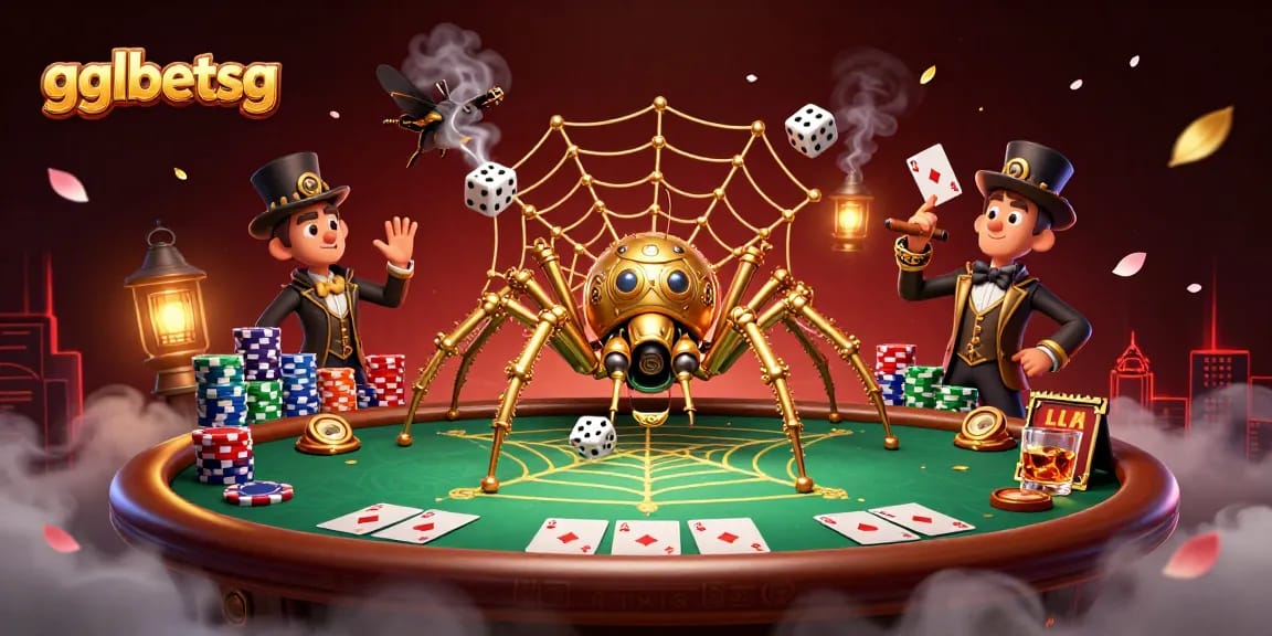 gglbetsg showcases a steampunk spider weaving its golden web of gaming and luck.
