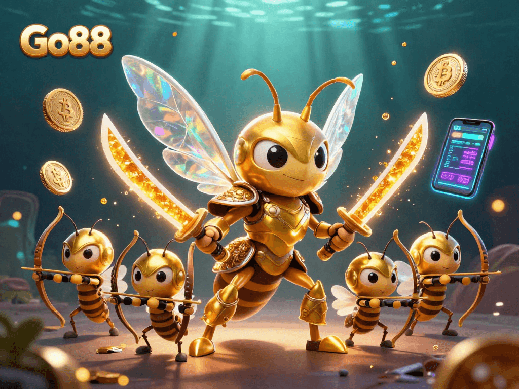 Engage in thrilling gameplay at Go88 with a captivating casino scene featuring a dynamic golden hornet and crypto elements.