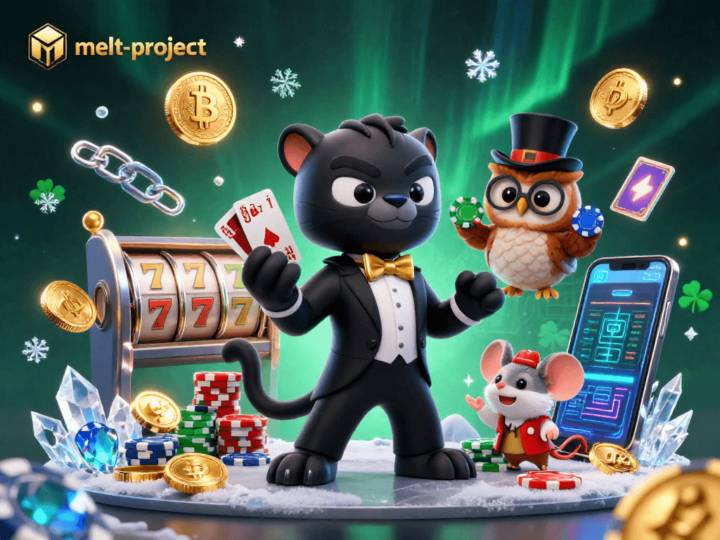 Play exciting casino games at melt-project with a tuxedoed panther dealing cards and neon coins floating.
