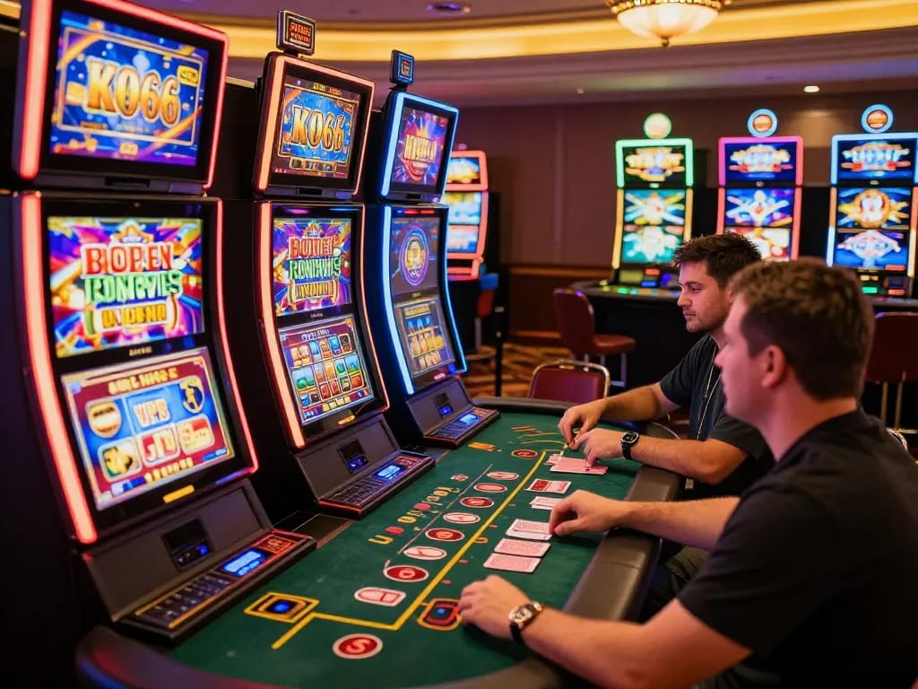 Players enjoying action-packed slot machines at KO66 online casino with vibrant lights.