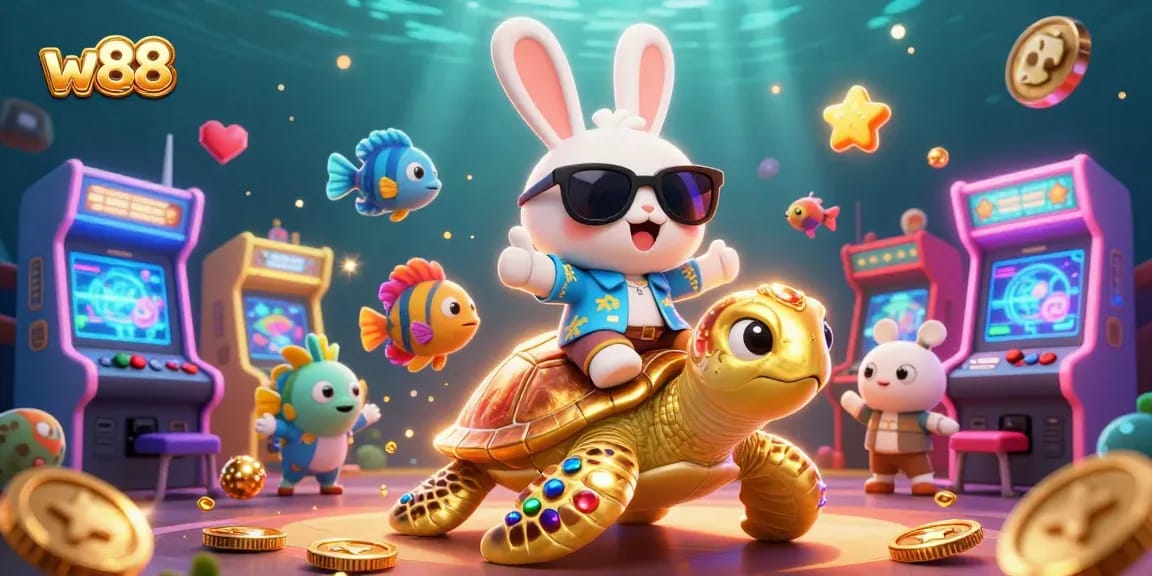 Cá cược tại w88, bạn sẽ thấy thỏ may mắn và rùa biển vàng trong thế giới game đầy màu sắc.
