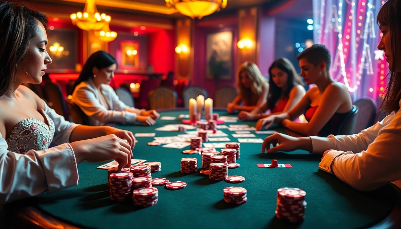 Players enjoy exciting sex games at a luxurious casino poker table, showcasing fun and responsible gaming.