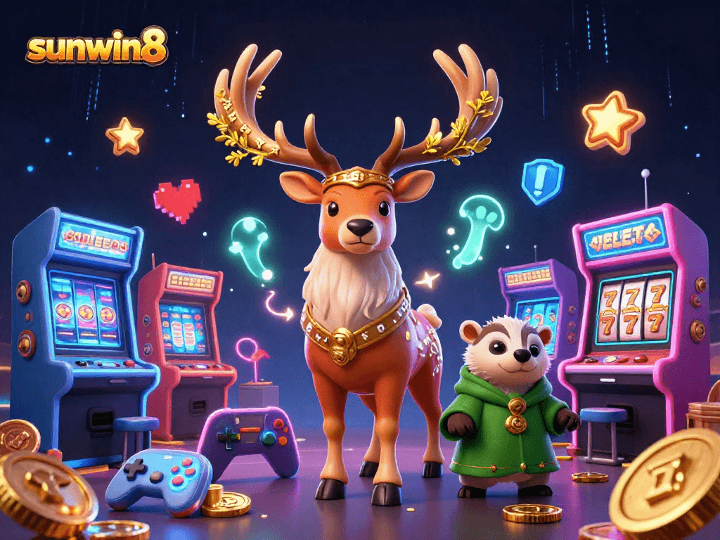 Players engaging with vibrant sunwin8 casino games amidst magical creatures and arcade delight.