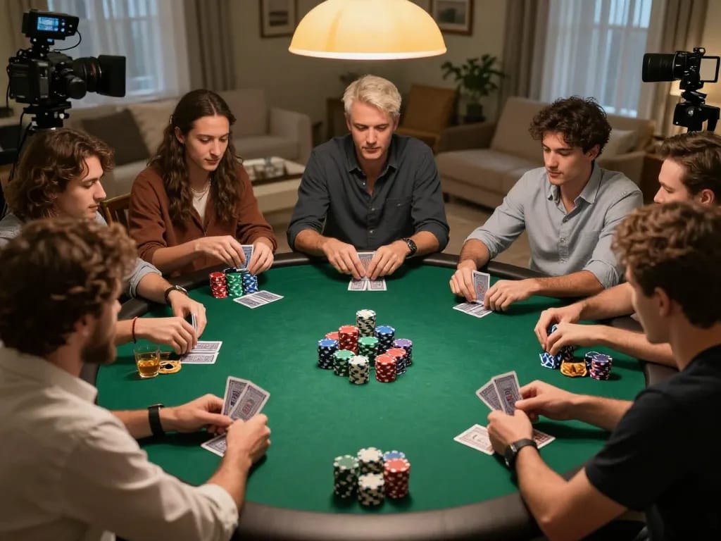 Engaging poker gameplay with friends at home showcasing 98 win strategies and competitive spirit.