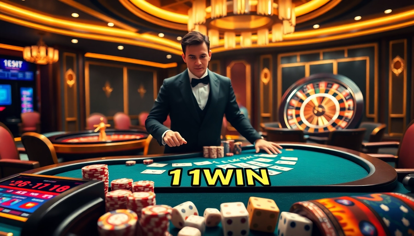 Engaging view of a luxury casino scene showcasing 11WIN's digital betting interface.