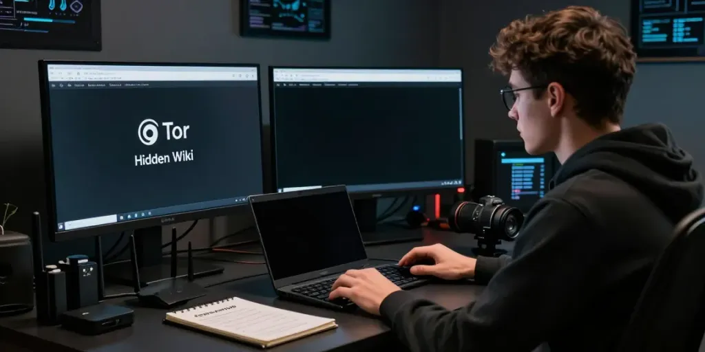 Engaged researcher exploring the hidden wiki dark web on multiple screens with a secure computing environment.