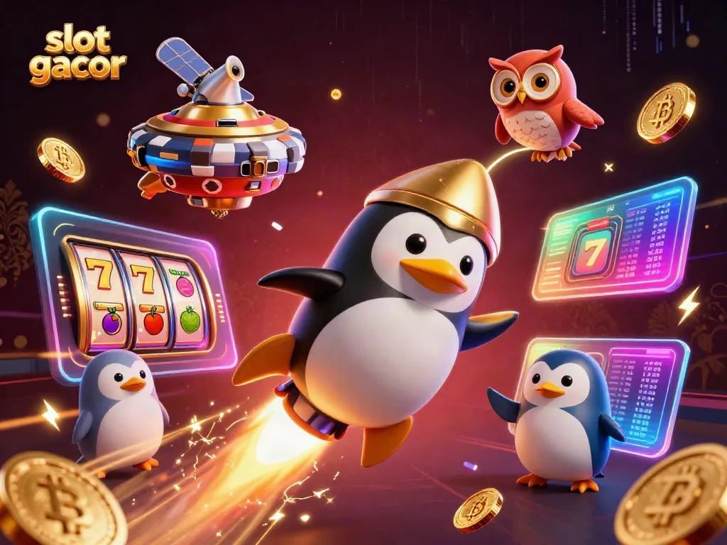 Engage with slot gacor through a vibrant 3D scene showcasing a golden penguin and dynamic casino elements.