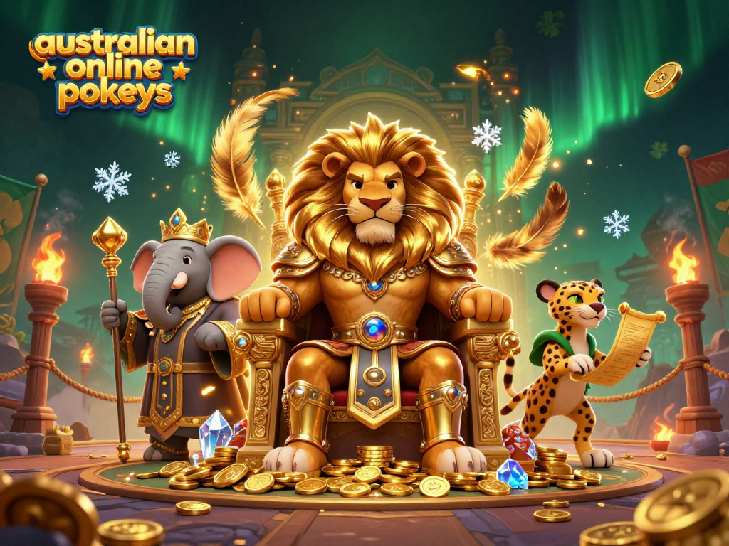 Experience exciting australian online pokies action with a lion king and his advisors in a vibrant casino scene.