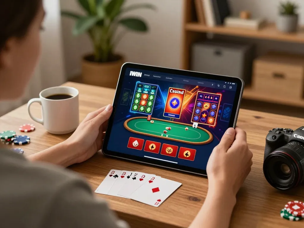 IWIN casino app showcased on a tablet during online gaming session in a cozy living room.
