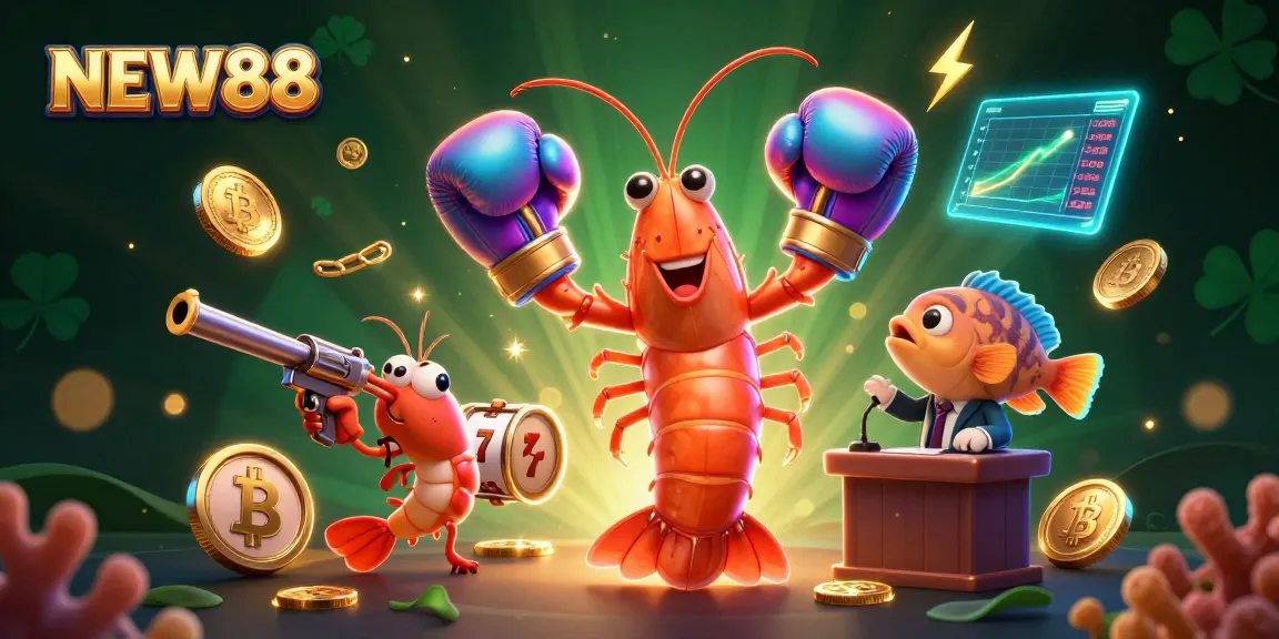 NEW88 showcases thrilling slot action in a vibrant 3D casino environment featuring colorful virtual characters.