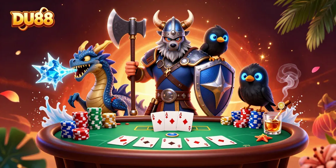 Engage with DU88: A fierce Viking wolf, dragon, and raven at a vibrant poker table!