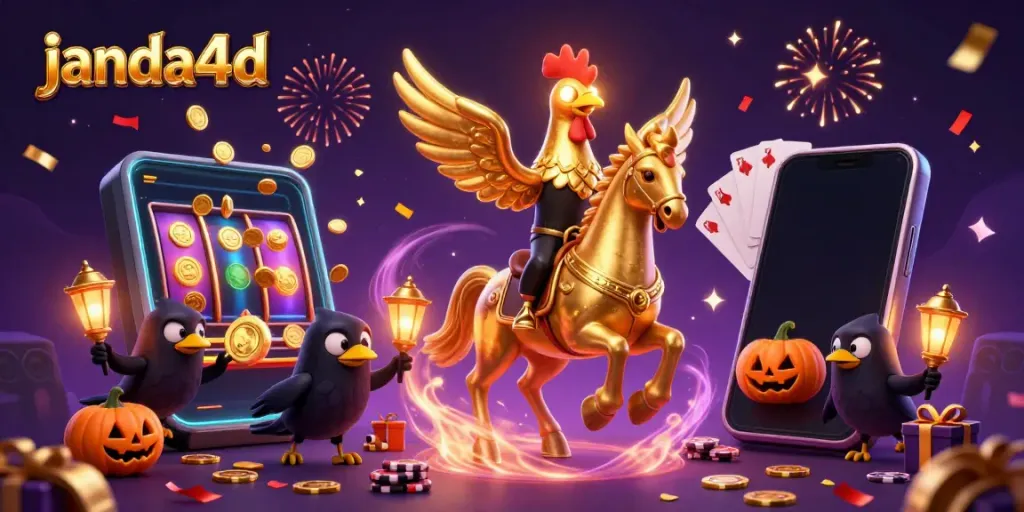 Permainan janda4d menarik dengan simbol slot, koin emas, dan karakter unik di kasino.