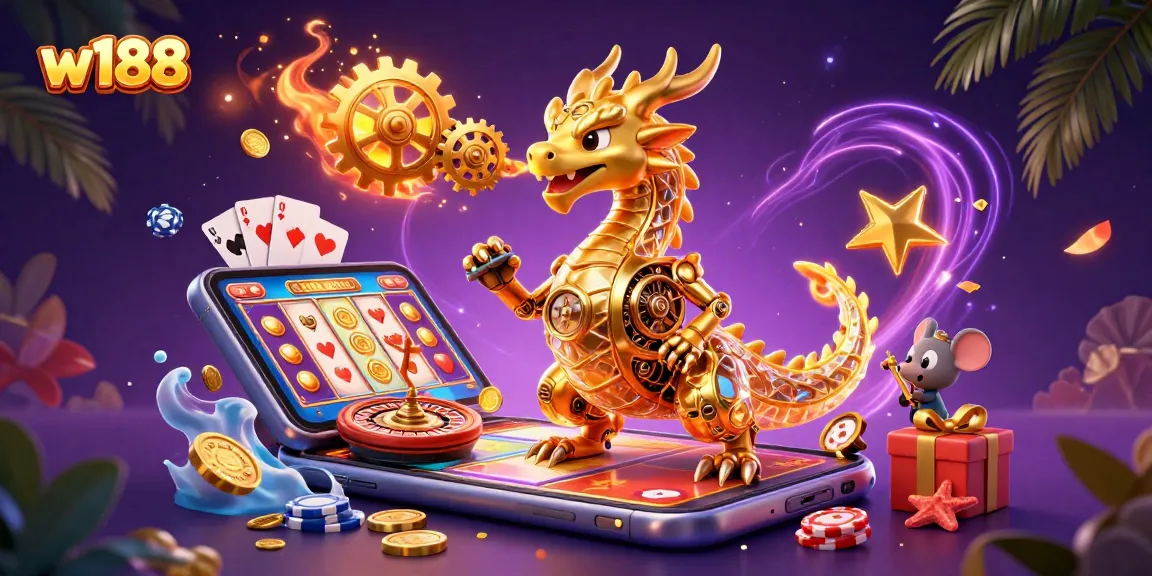 Engage with W188's captivating online gaming adventure through a vibrant golden dragon and action-packed slot games.