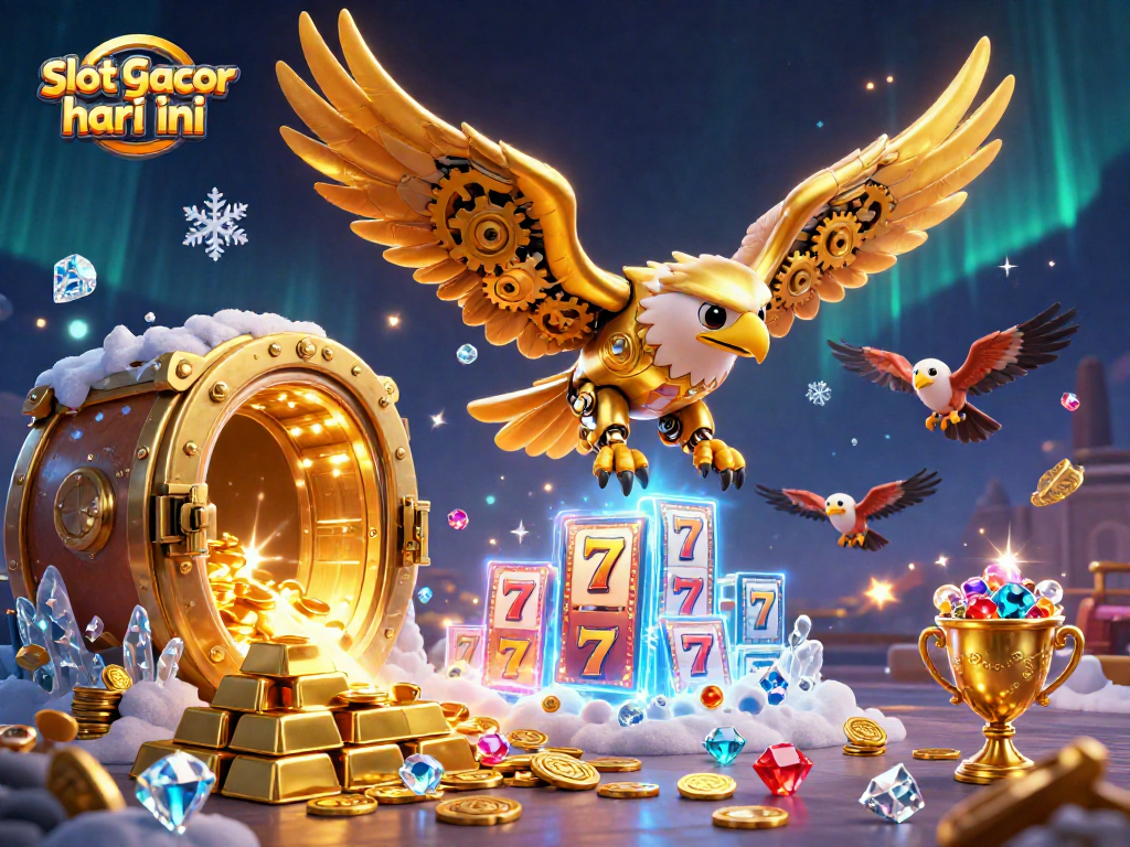 Experience thrilling wins at slot gacor hari ini with our dynamic 3D casino illustration showcasing golden treasures.