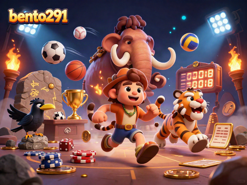 Bento291 brings a thrilling prehistoric casino scene alive with dynamic sports action and rich elements.
