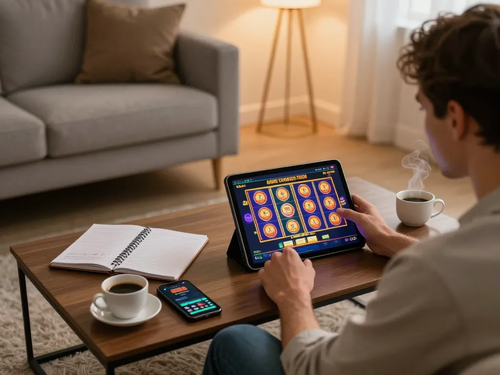 Player engaging with online slot games on https://fabet.limited/ within a cozy home environment, enjoying strategic gaming with a tablet.