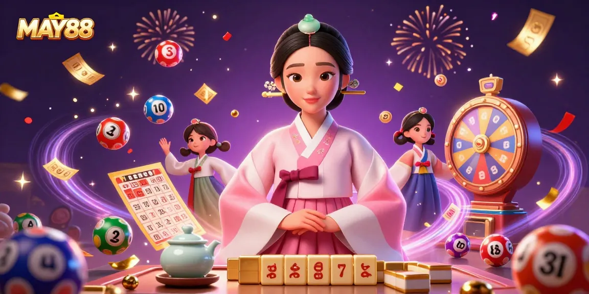 Play thrilling games at MAY88 with a vibrant scene featuring colorful lottery balls and a stunning Asian woman.