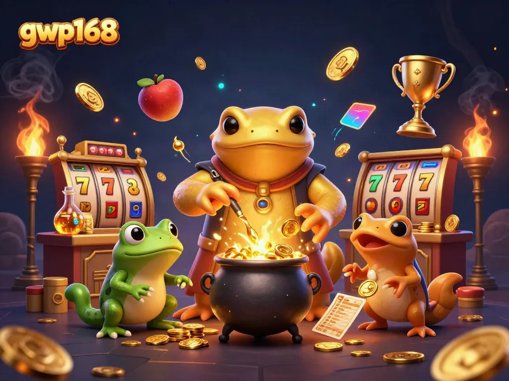 Permainan slots menarik di gwp168 dengan alkemis emas, kodok, dan elemen kasino lainnya.