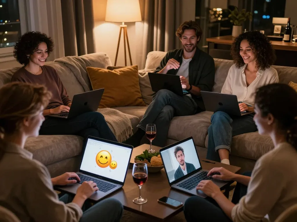 Engaging NSFW AI chat scene with adults interacting on screens in a cozy, intimate setting.
