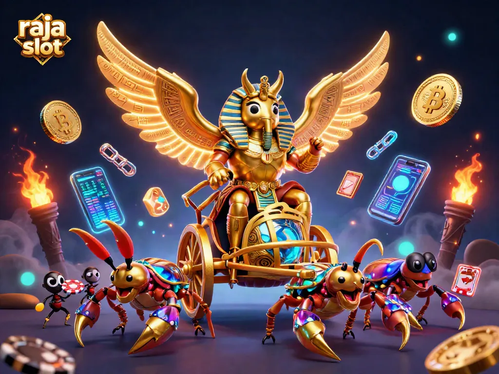 Menangkan pengalaman bermain di raja slot dengan ilustrasi 3D scarab kolosal dan simbol keberuntungan.