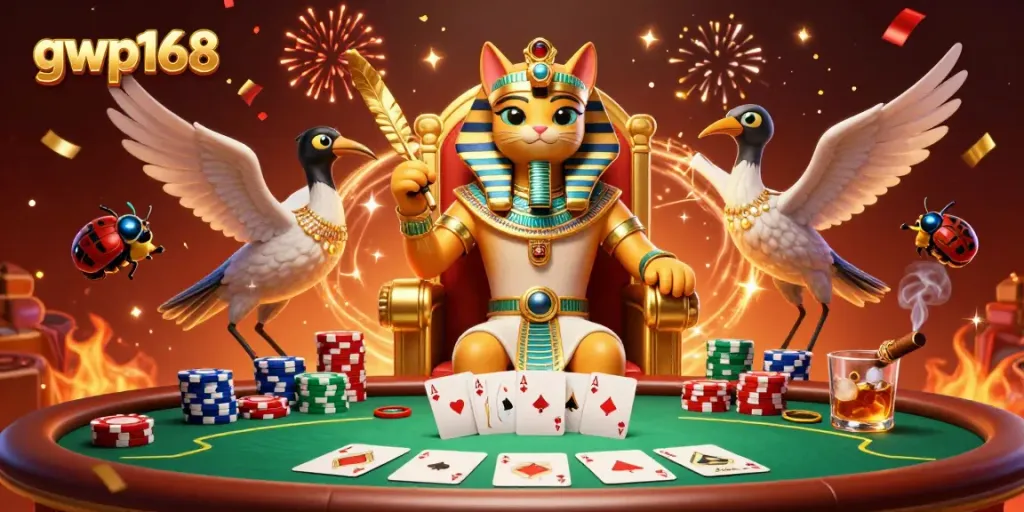 Permainan poker menegangkan dengan karakter unik gwp168, kucing firaun dan rekan scribe, dikelilingi tumpukan chip dan kartu.