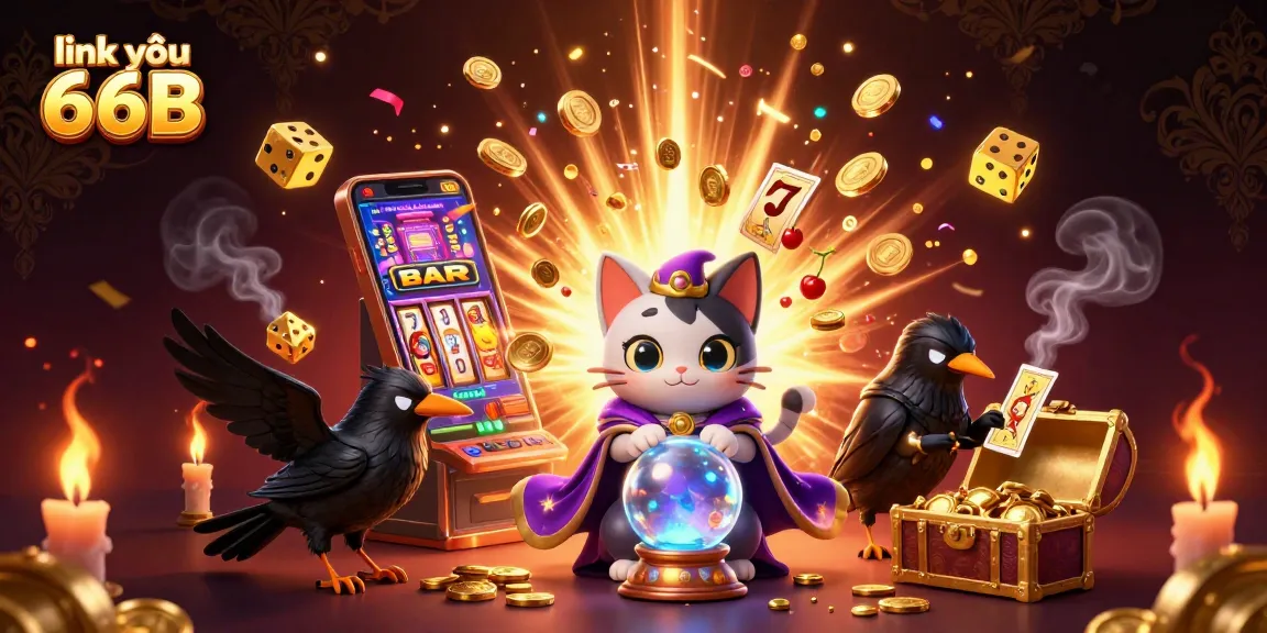 Engage with the link vào 66B as a 3D fortune teller cat unveils casino magic amidst glowing gaming elements.