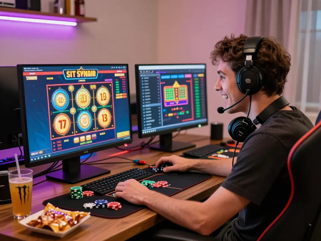 Pemain menikmati permainan situs slot di setup komputer modern dengan grafik yang hidup dan aksesori permainan.