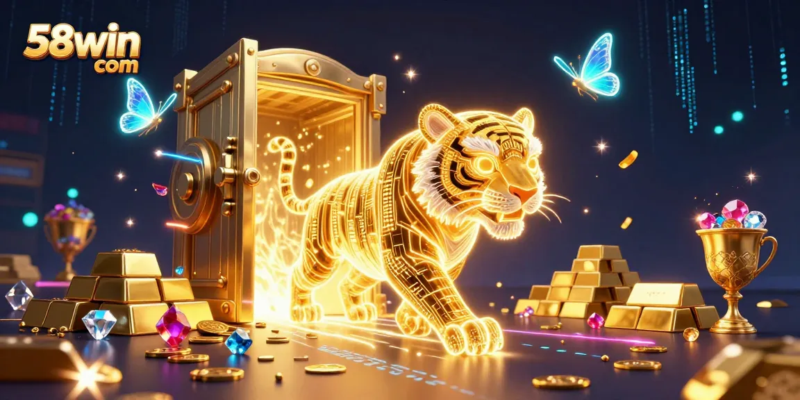 Engage with the exhilarating world of 58win com as a neon-wireframe tiger prowls amidst a vibrant digital casino.