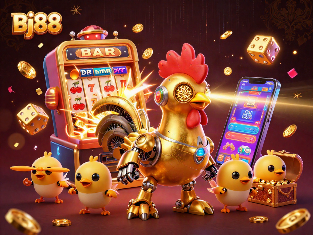Join the fun at Bj88 with a vibrant 3D illustration showcasing casino excitement and jackpot wins.