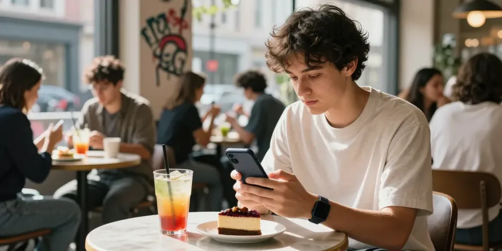 Youth engaging with the ROKOK88 app in a vibrant café setting.