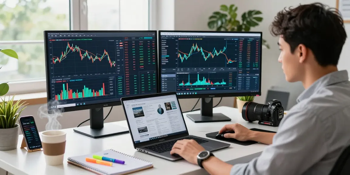 Kakakjudi trader sedang menganalisis data pasar di kantor rumah modern.