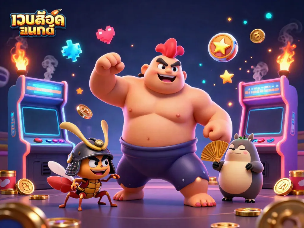 Engage with เว็บสล็อตแท้ through an exciting 3D illustration with casino gaming elements and vibrant characters.