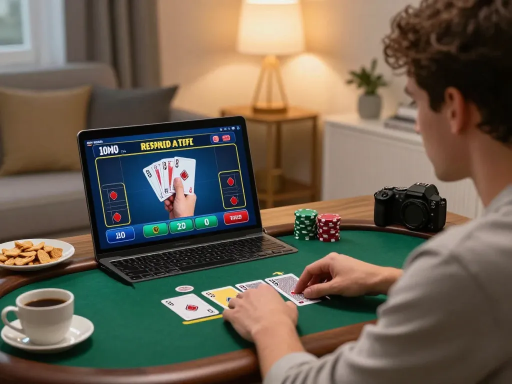 Player enjoying a live dealer blackjack game online, showcasing 98 win potential in a cozy home setting.