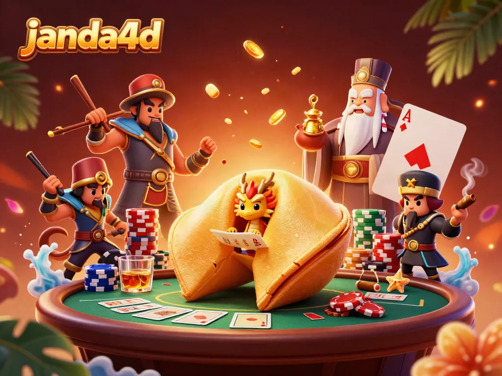 JANDA4D menyajikan ilustrasi 3D penuh warna dengan karakter unik dan elemen permainan kasino.